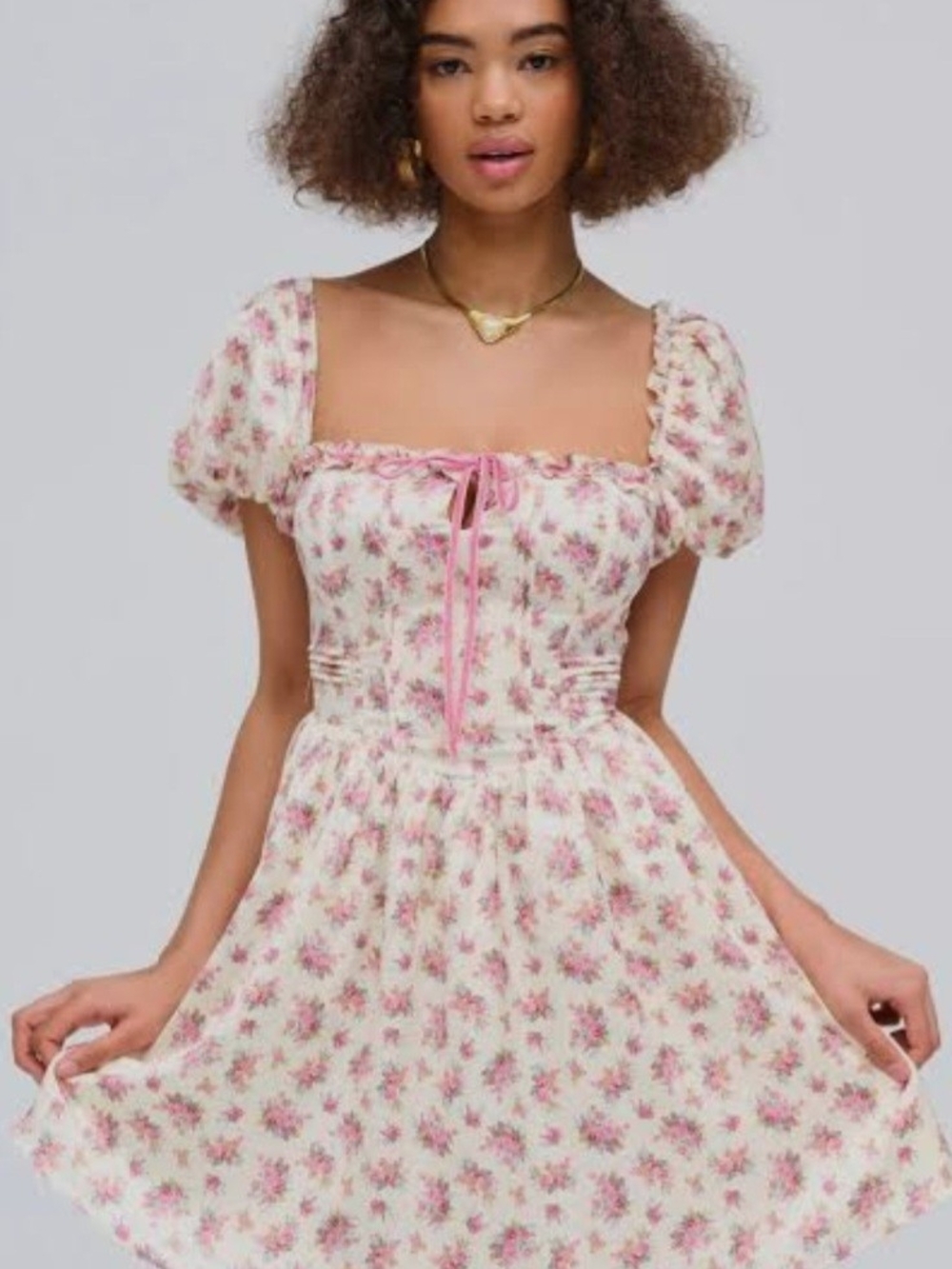 For Love & Lemons Pink Floral Square-Neck Puff-Sleeve Mini Dress